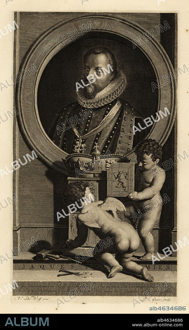 James VI of Scotland, James I of England, James Charles Stuart. Jacques Premier. In lace ruff collar, coat and doublet, sash with figure of St. George and the dragon. Two putti assemble a coat of arms below a crown. Copperplate engraving by Pieter Stevens van Gunst after Adriaen van der Werff from Isaac de Larreys Histoire dAngleterre, dEcosse et dIrlande, Amsterdam, 1730.