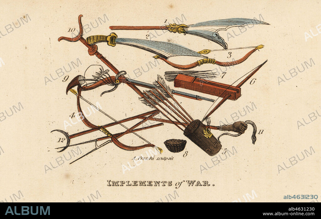 Chinese weapons or implements of war, Qing Dynasty. Halbert 1, scimitar 2, bows 3,4, quiver 5, crossbow 6, crossbow darts 7, basket of crossbow balls 8, musket 9, iron crook 10, Hand of Justice 11, and lances 12. Handcoloured copperplate engraving by Andrea Freschi after Antoine Cardon from Henri-Leonard-Jean-Baptiste Bertin and Jean Baptiste Joseph Breton's China, Its Costumes, Arts, Manufactures, etc., Howlett and Brimmer, London, 1824.
