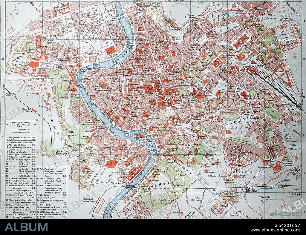 Stadtplan von Rom, Italien, 1895, city map of Rome, Italy, digital improved reproduction of an original print from the year 1895.