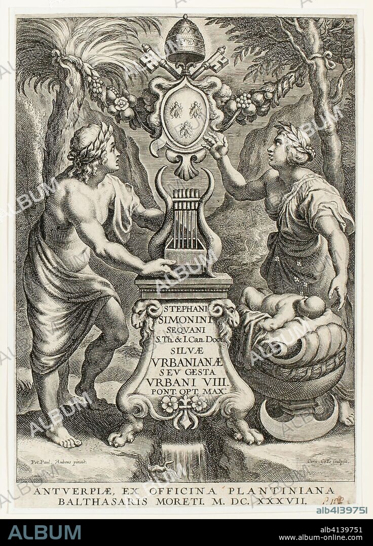 Title page from Silvae Urbanianae. Cornelis Galle I (Flemish, 1576-1650); after Peter Paul Rubens (Flemish, 1577-1640). Date: 1637. Dimensions: 193 × 133 mm (image/sheet, trimmed within plate mark); 197 × 137 mm (mount). Engraving in black on cream laid paper, perimeter mounted to ivory wove paper. Origin: Flanders.
