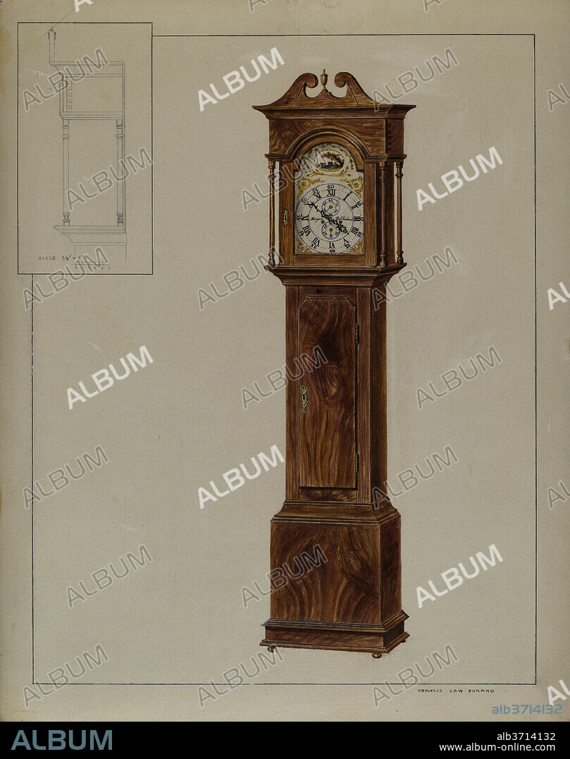 FRANCIS LAW DURAND. Grandfather's Clock (Timepiece). Dated: c. 1937. Dimensions: overall: 35.5 x 28 cm (14 x 11 in.)  Original IAD Object: 89 1/4"high; 21 1/2"wide; 10 3/4"deep. Medium: watercolor, colored pencil, pen and ink, and graphite on paperboard.
