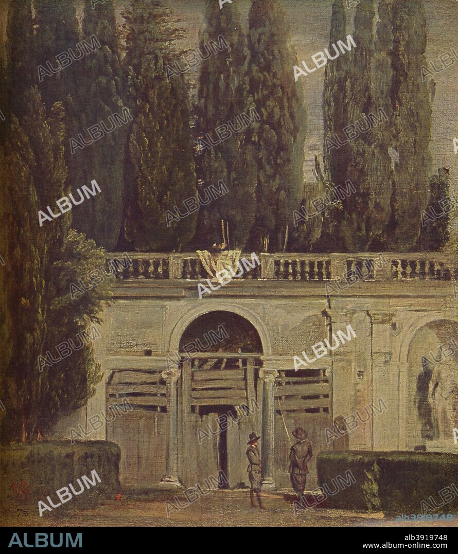 'Villa Medicis en Roma', (View of the Garden of the Villa Medici ), 1634, (c1934). A small painting of the garden at the Villa Medici in Rome, with figures watching an unseen event. Oil on canvas. Held in the Museo del Prado, Madrid. From Galerias De Europa: Museo Del Prado, by A. De Beruete y Moret & Augusto L. Mayer. [Editorial Labor, S.A., Barcelona, c1934].