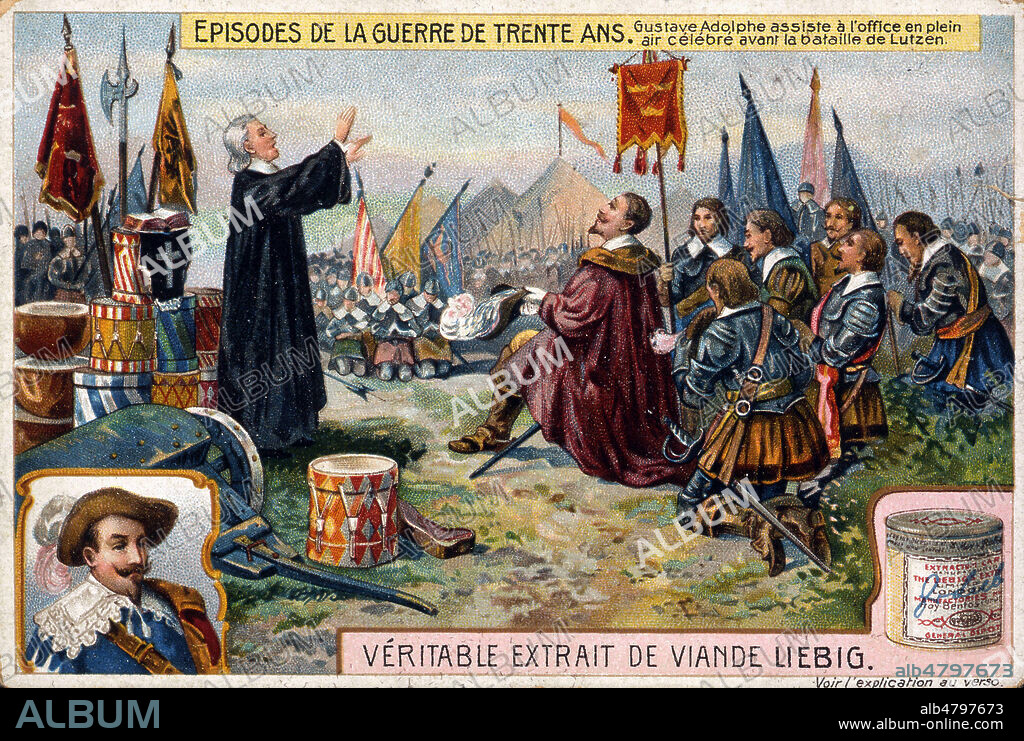 'Gustave II Adolphe (1594-1632) assiste a l'office en plein air celebre avant la bataille de Lutzen'. Chromo Liebig de 1910, serie intitulee 'Episodes de la guerre de trente ans'. Credit : Collection KHARBINE-TAPABOR.