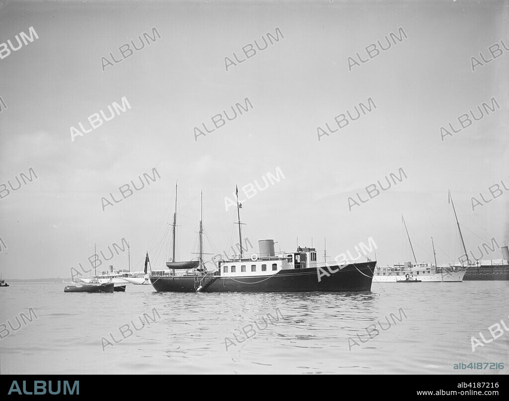 The twin screw 80ft motor yacht 'Bystander' at anchor, 1934. Initially owned by William Lawrence Stephenson a founder of Woolworths.