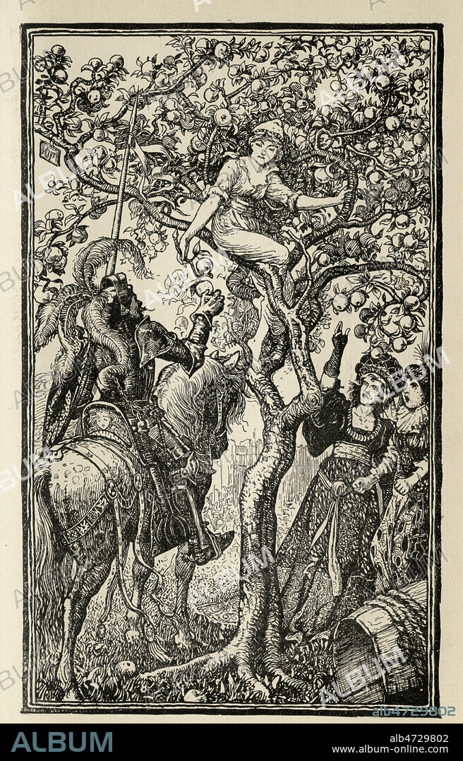 Un oeil, deux yeux, trois yeux: Un arbre merveilleux pousse devant la maison, a l'endroit ou Deuxyeux a enterre les boyaux de la chevre; un jeune chevalier arrive et demande un rameau de l'arbre. conte de GRIMM. Andrew Lang - The green fairy book - Londres 1909.Credit JEAN VIGNE / KHARBINE TAPABOR.