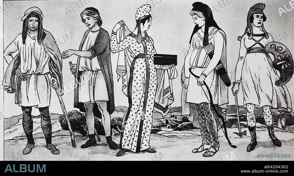 Clothes Fashion of the Phrygians, early Greek culture, 8th and 7th century BC, from the left, a Phrygian shepherd, then a shepherd after a Hellenistic-era Near-Eastern relief, girl in a Phrygian, colorful patterned costume, the Trojan Paris in Phrygian costume and one Amazon after a Greek vase picture, digital improved reproduction of an original print from the 19th century.