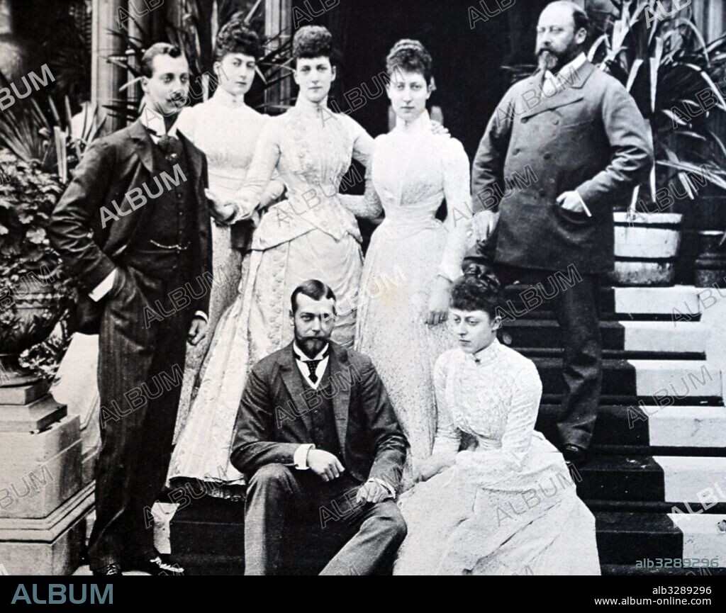British royal family 1892. L to R standing: Prince Albert, Duke of Clarence; Maud of Wales(later Queen of Norway); Queen Alexandra; Louise, Princess Royal; Prince (later King Edward VII). L to R seated: Prince (later King George V) and Princess Victoria.
