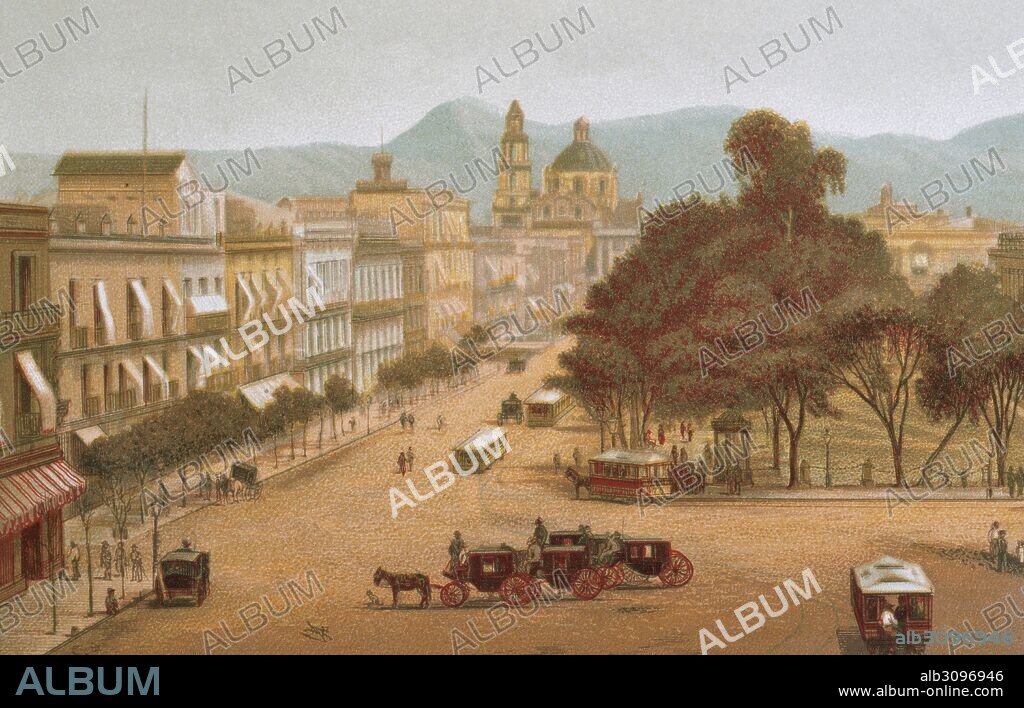 HISTORIA DE MEXICO. MEXICO CAPITAL. "El Empedradillo, sector de la capital mexicana, en la época de Porfirio Diaz (1877-1910) ". Litografia del año 1880.
