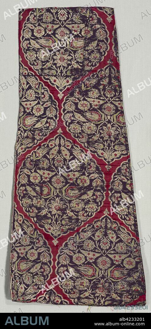 Brocaded silk with foliate medallions from a kaftan, 1525-1575. Turkey, Istanbul, Ottoman period. Lampas: silk and silver-metal thread; overall: 104.7 x 48.3 cm (41 1/4 x 19 in.).