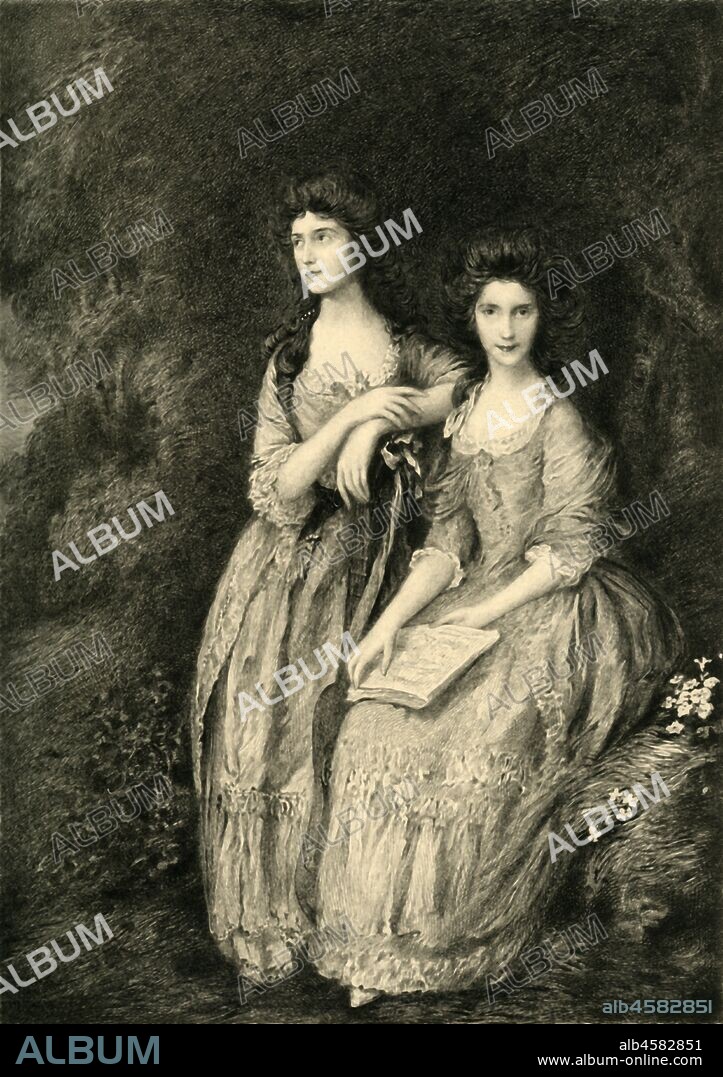 'Mrs. Sheridan and Mrs. Tickell', c1772, (1908). Portrait of the Linley sisters, Elizabeth Ann Sheridan (1754-1792) and Mary Linley (1758-1787), daughters of the composer Thomas Linley. Elizabeth was one of the most noted soprano singers of her day. Mary sang publicly until she married the playwright Richard Tickell in 1780. Engraving by Henry Cheffer after 'Elizabeth and Mary Linley', also known as 'The Linley Sisters, afterwards Mrs. Tickell and Mrs. Sheridan', painting in the Dulwich Picture Gallery, London. From "La Revue De L'Art - Ancien et Moderne" - Volume XXIV, July-December 1908, [Paris, 1908].