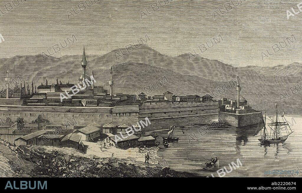 HISTORIA DE ALBANIA. SIGLO XIX. "VISTA DE LA CIUDAD DE YANINA, CUYA CESION A GRECIA REHUSA EL GOBIERNO DE TURQUIA". Algunos territorios albaneses pertenecientes al Imperio Otomano fueron asignados a Grecia por el Congreso de Berlín (1878). Grabado de "La Ilustración Española y Americana" por Rico, 1880.