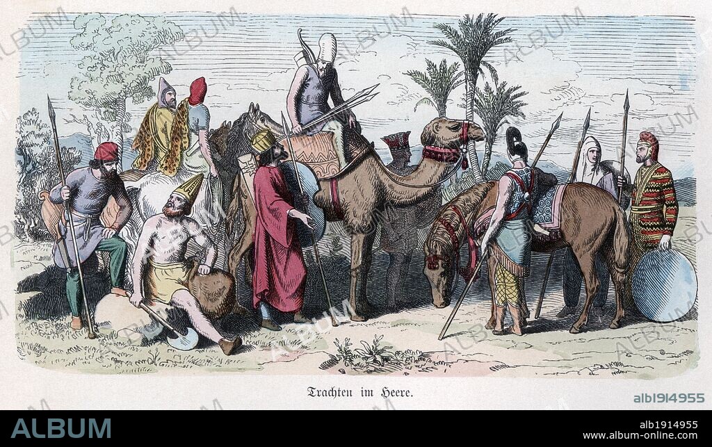 Historia Antigua. Persia. Soldados del ejército persa. Grabado alemán de 1865.