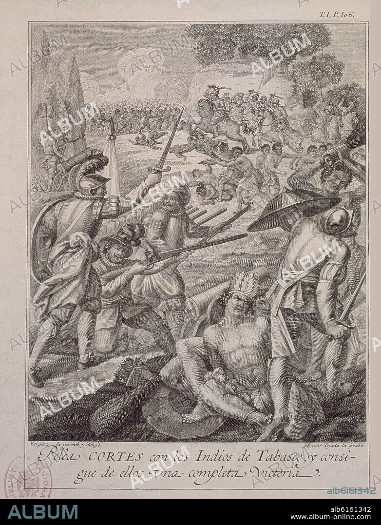 MORENO TEJADA JUAN. CORTES PELEA CON LOS INDIOS DE TABASCO Y GANA-CONQUISTA DE MEXICO. GRABADO FINALES S XVIII.
