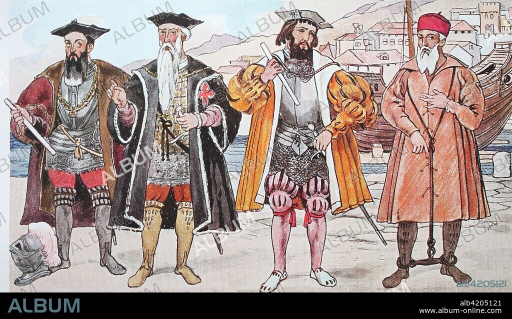 Clothing, fashion in Spain and Portugal around 1500-1540, Portuguese explorers, from left, Vasco de Gama, then Alfonso d Albuquerque, then Nono da Cunha and Pedro de Mascarenhas, discoverer of the Mascarene Islands, as prisoners in chains, digital improved reproduction from an original from the year 1900.