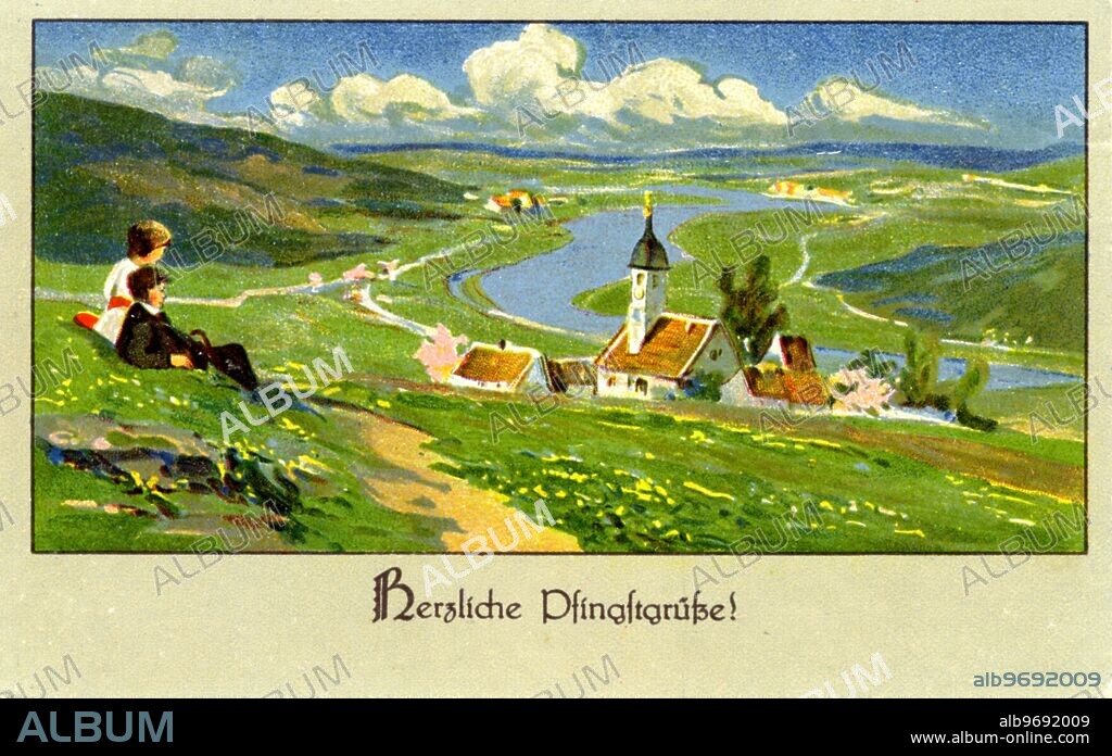 1001343 ( 1000 ) Grußkarte zu Pfingsten aus Deutschland " Herzliche Pfingsgrüße ! " , ca. 1920er Jahre , christliches Fest 50 Tage nach Ostern , Erinnerung an die Ausgießung des heiligen Geistes über die in Jerusalem versammelten Apostel . Stichworte : Deutsches Reich , Postkarte , Religion , Christentum , Glaube , Pfingstbrauch , Pfingstbräuche , Pfingstbraeuche , Geschichte , Volkskunde , Kunsturheberrechte werden nicht vertreten.. Jede Nutzung ist anzuzeigen und abzurechnen mit " Historisches Auge Ralf Feltz " , Radenwisch 45 , 22457 Hamburg , Germany , tel.: 040 - 5592530 , mail: historischesauge@aol.com . Germany , Whitsun , historical Whitsun postcard with the wording " Herzliche Pfingstgrüße ! " ( warmest Whitsun greetings ) , 1920 , twentieth century , Christian celebration 50 days after Easter . Keywords : greetings card , picture postcard , religion , religious faith , Christianity , history , Whitsun traditions , ethnic studies , no copyright of art .