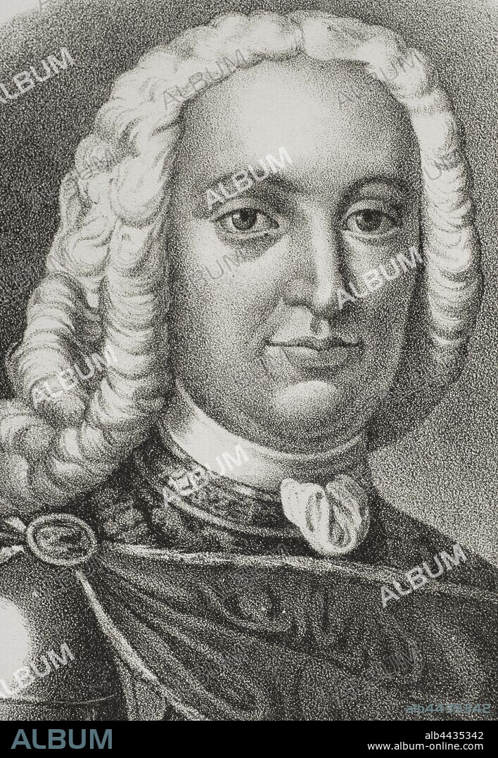 Felipe V de España, llamado"El Animoso" (1683-1746). Rey de España. Dibujo por Salcedo. Litografía. Detalle. Crónica General de España, Historia Ilustrada y Descriptiva de sus Provincias. Galicia,1866. Biblioteca Histórico Militar de Barcelona, Cataluña, España.