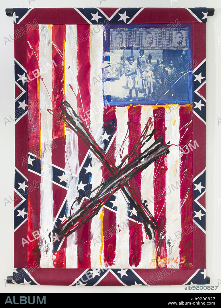 Emma Amos/ X Flag. 1993. Acrylic painting. African fabric, Confederate flag, laser photo transfer. 58'' x 40''.