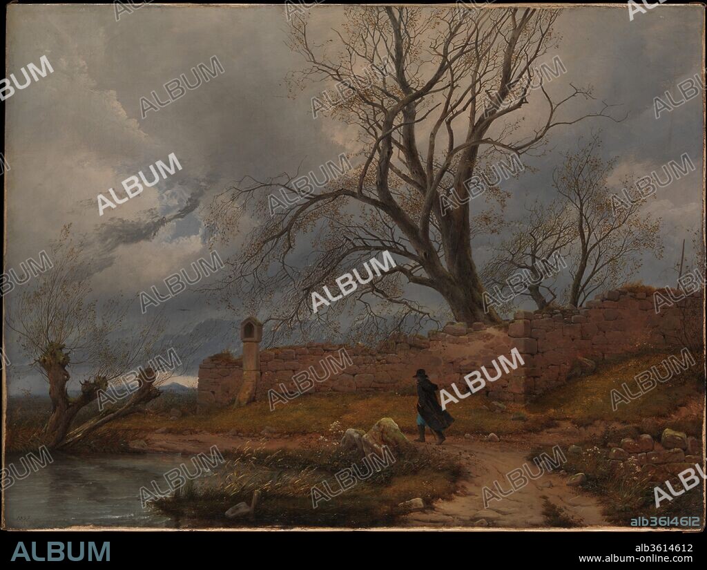 Wanderer in the Storm. Artist: Julius von Leypold (German, Dresden 1806-1874 Niederlößnitz). Dimensions: 16 3/4 x 22 1/4 in. (42.5 x 56.5 cm). Date: 1835.
The figure of a wanderer in an untamed natural setting personified restless yearning for the German Romantics. Man's loneliness and nature's transience, themes clearly stated in this picture, find direct parallels in the works of the painter Caspar David Friedrich and the composer Franz Schubert, notably his song cycle <i>Die Winterreise</i>, or <i>Winter Journey</i> (1827).