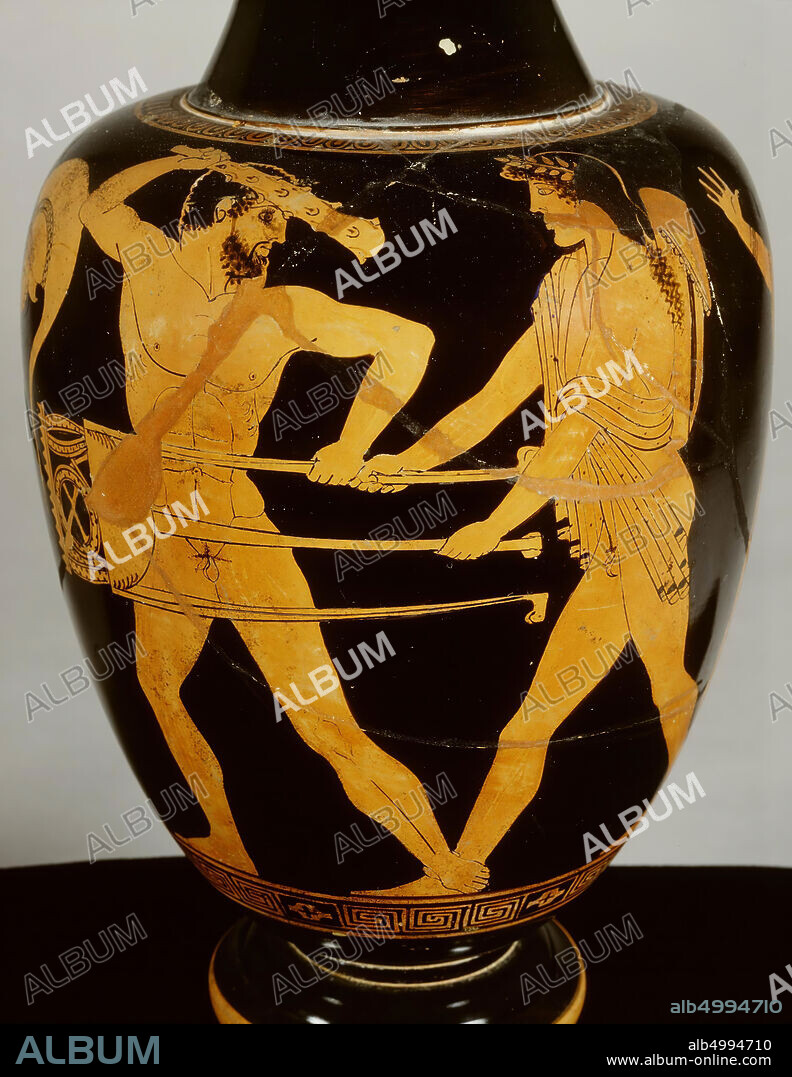 Attic red-figure oinochoe shape 1. Heracles and Apollo struggling for the tripod with Athena and Artemis attending. Briseis Painter. Attic red-figured oinochoë form 1. Presentation: Struggle of Herakles and Apollo for the tripod in Delphi, aside Athena and Artemis. Briseïs painter, vase, oinochoë form 1, earthenware, red-figure, Attic, 23.5 cm, ø 5.1 cm, redfine, Attic, Briseis Painter 490-480 BC, Italy, Greece.