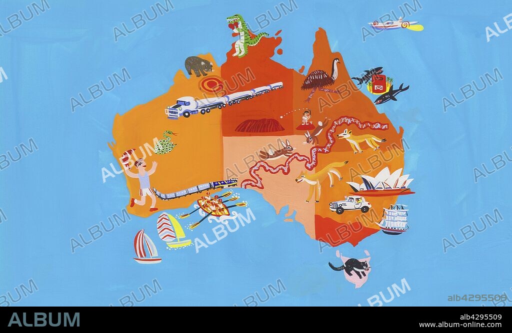 Illustrated tourism map of Australia and Tasmania.