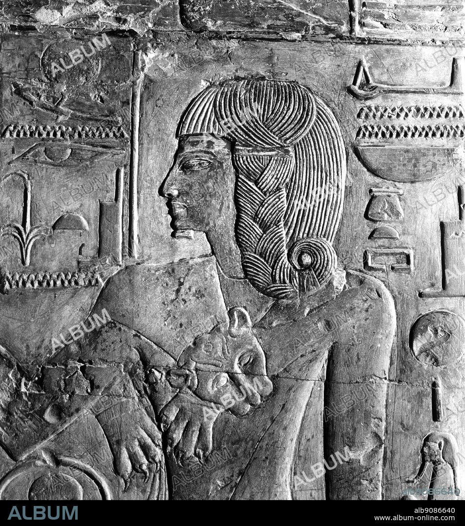 King Seti I from his tomb at Thebes in Egypt -. Menmaatre Seti I was a Pharaoh of Ancient Egypt (Nineteenth dynasty of Egypt), the son of Ramesses I and Queen Sitre, and the father of Ramesses II. As with all dates in Ancient Egypt, the actual dates of his reign are unclear, and various historians claim different dates, with 1294 BC - 1279 BC and 1290 BC to 1279 BC being the most commonly used by scholars today.. ©TopFoto.