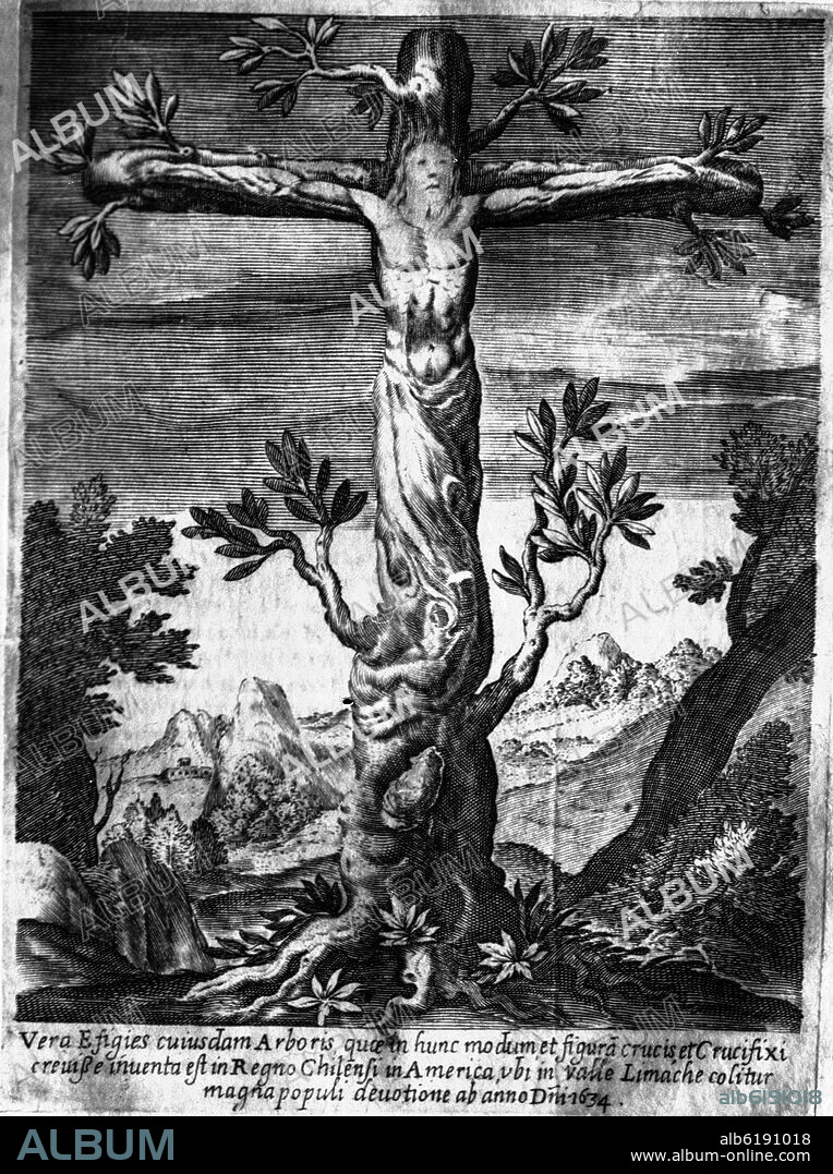 ALONSO DE OVALLE. ARBOL CON CRISTO CRUCIFICADO - GRABADO 1634.