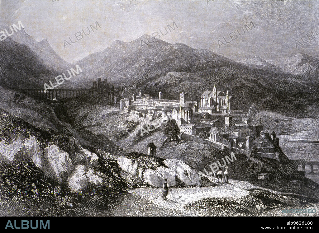 View of the city of Plasencia (Cáceres), engraving in 'Voyage Pittoresque en Espagne et en Portugal' , 1840, by Emile Begin.