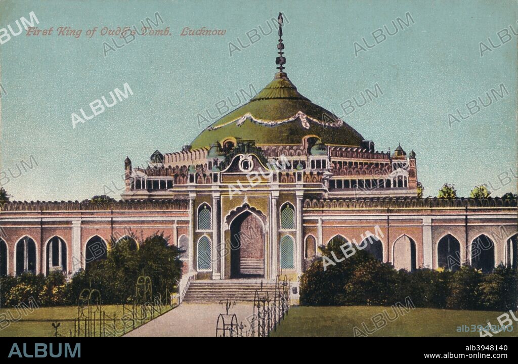 'First King of Oudh's Tomb. Lucknow', c1900. Shah Najaf Imambara was constructed by Nawab Ghazi-ud-Din Haider, the last nawab wazir and the first King of the state of Awadh in 1816 - 1817. It serves as his tomb. The Nawab of Awadh or the Nawab of Oudh was the title of the rulers who governed the state of Oudh or Awadh, India during the 18th and 19th centuries. Saadat Ali Khan (1680-1739) was the first Subahdar Nawab of Awadh from 26 January 1722 to 1739.