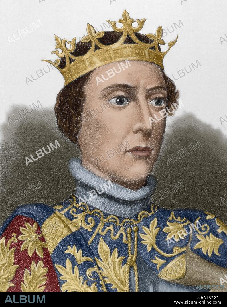 Peter I of Castile (1334-1369) or Peter the Cruel. King of Castile and Leon. Portrait. Engraving in Spain Illustrated History, 19th century. Colored.