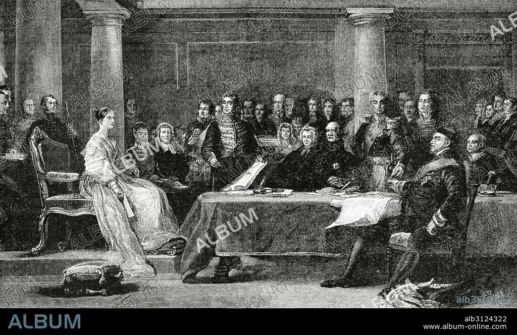VICTORIA I (1819-1901). Reina del Reino unido de 1837-1901. Emperatriz de la India. "Primer consejo de ministros presidido por la reina Victoria de Inglaterra, 1838". (Pintado por Sir David Wilkie). Grabado de H. E. Davey. Almanaque de La Ilustración, año 1888.