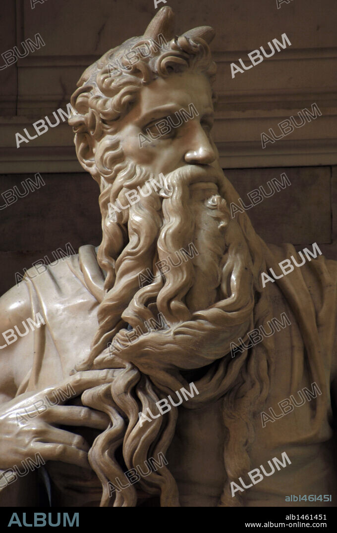 ARTE RENACIMIENTO. CINQUECENTO. ITALIA. MIGUEL ANGEL (Michelangelo Buonarroti) (1475-1564). Pintor, escultor y arquitecto italiano. "TUMBA DEL PAPA JULIO II", realizada entre 1505 y 1545. Detalle de la ESTATUA DE MOISES. IGLESIA DE SAN PIETRO IN VINCOLI. ROMA.