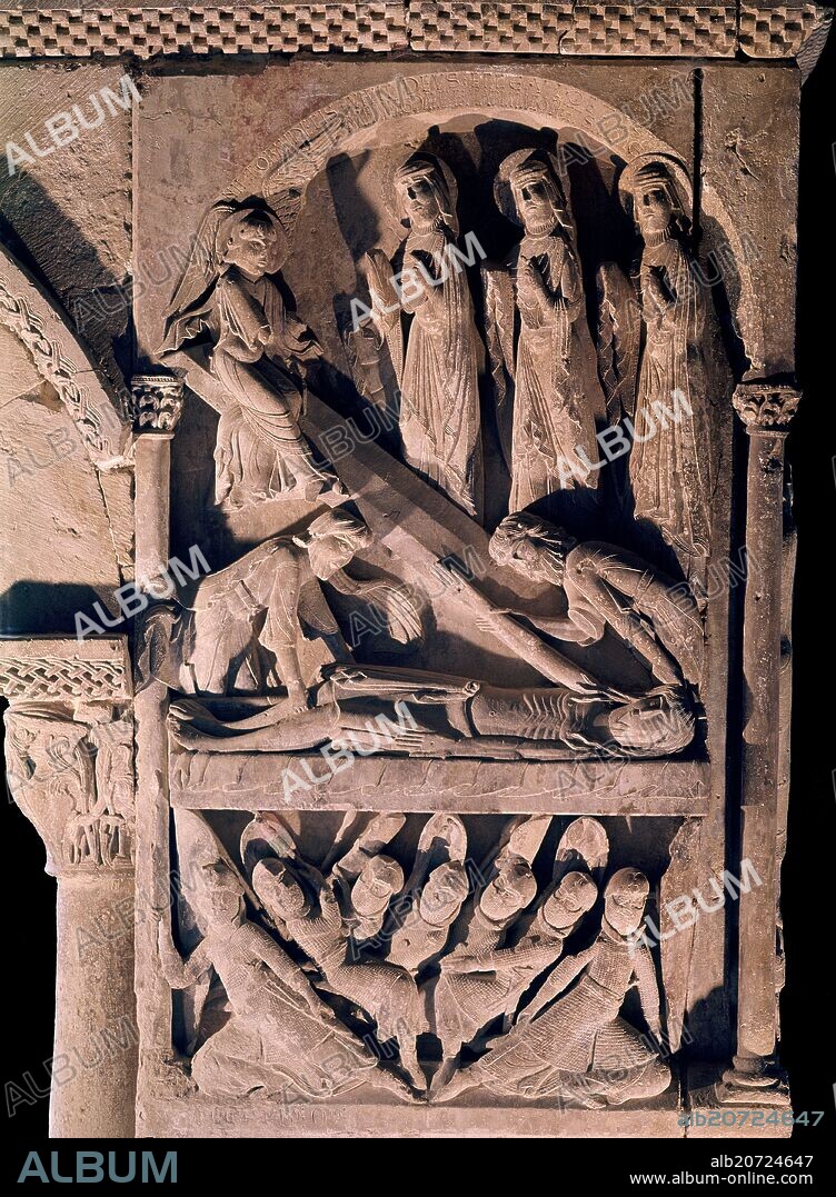 RELIEVE DEL SANTO ENTIERRO EN EL MACHON DEL ANGULO NORESTE DEL CLAUSTRO DE SANTO DOMINGO DE SILOS - SIGLO XI - ROMANICO BURGALES.