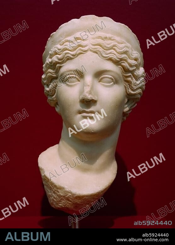 Livia Drusilla (Livia Augusta), third wife of Emperor Augustus, first marriage with Tiberius Claudius Nero, mother of Drusus and Tiberius, 58 BC - 29 AD. Portrait head with bust detail of Livia Augusta with diadem (Ceres-Typus). Sculpture, c. 50 AD, marble, height 42 cm.