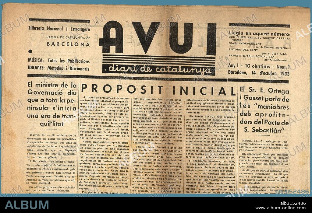 Cabecera del diario Avui, diari de Catalunya, año uno, número uno, editado en Barcelona, octubre de 1933.