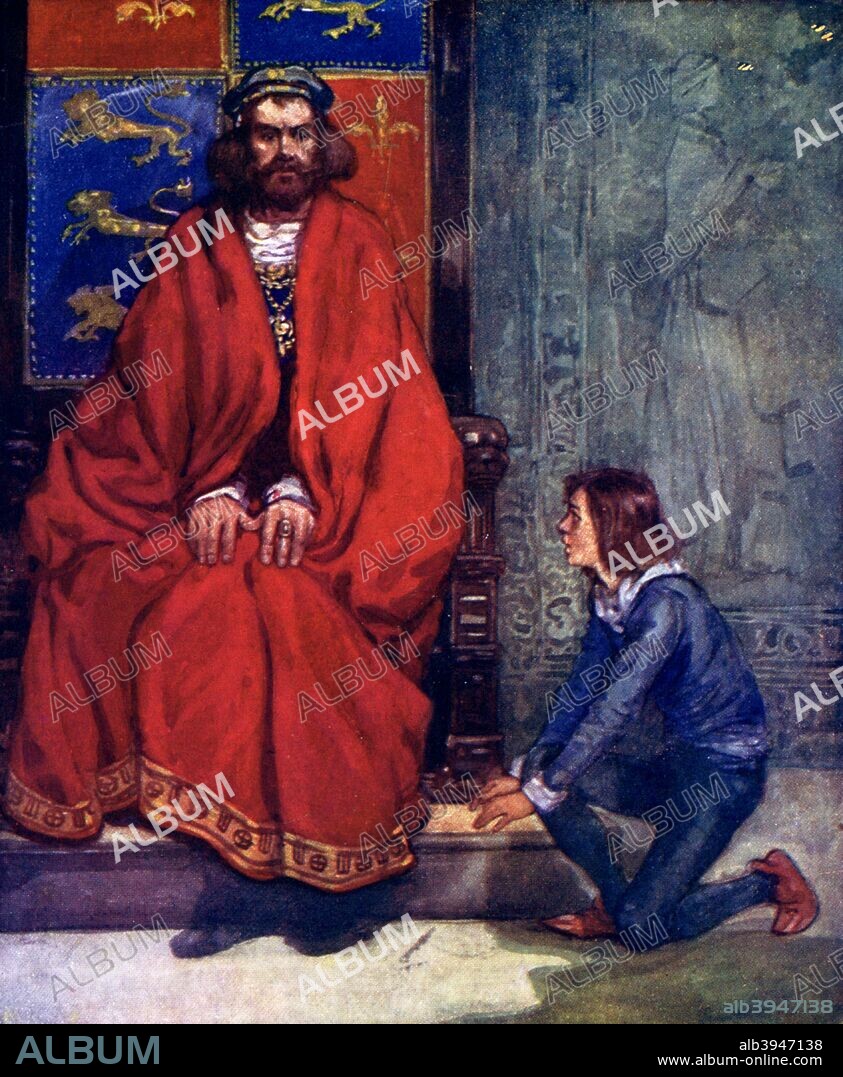 'The little boy knelt before the King and stammered out the story', 1120, (1905). King Henry I learns of the death of his son and heir, William the Aetheling, who was killed when the 'White Ship' was wrecked in 1120. Illustration from Our Island Story by H E Marshall, published by T C & E C Jack Ltd, (London and Edinburgh, 1905). The book gave a very biased and pro-British view of history.