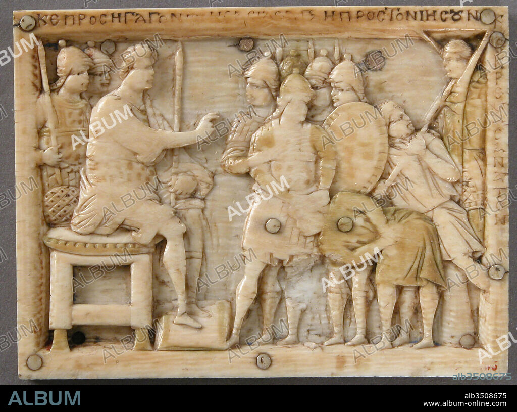 Casket Plaque, 900–1000, Made in Constantinople, Byzantine, Ivory, traces of polychromy, a: 2 9/16 x 3 7/16 x 1/4 in. (6.5 x 8.7 x 0.6 cm), Ivories, These panels are from a casket that illustrated Joshua’s conquest of the Promised Land and carry paraphrasings of texts from the Book of Joshua. The first narrative panel, designed to fit a lock plate, shows the capture of the city of Ai and is inscribed, “And Joshua stretched out his hand toward the city and they rose up quickly and they slew all” (Joshua 8:18–19).