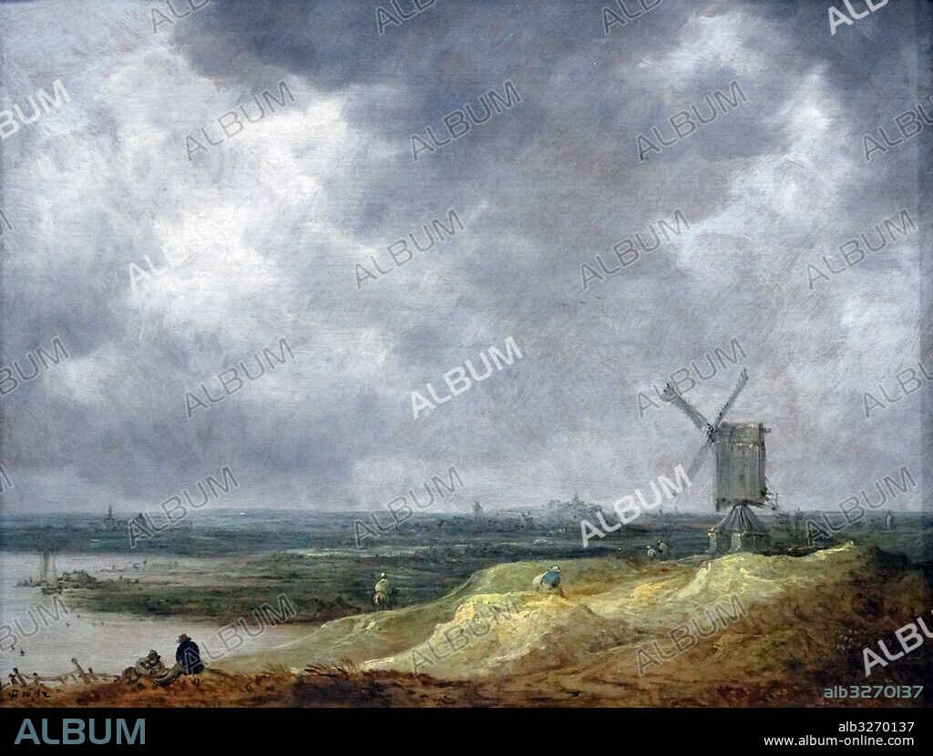 Painting titled 'A windmill by a river' by Jan van Goyen (1596-1656) a Dutch landscape painter. Dated 17th Century.