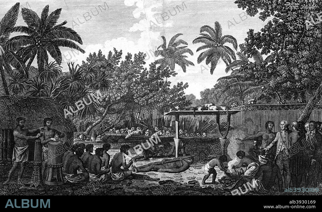 'A Human Sacrifice in a Morai, in Otaheite; in the presence of Captain Cook', c1773. Captain James Cook and his officers watching a group of Tahitians chanting as a man and some pigs are prepared for sacrifice on the island of Otaheite (Tahiti). This is one of the events witnessed by Cook, the famed navigator and hydrographer, during the second of his three exploratory voyages to the Pacific region in 1772-1775 when they crossed latitude 70 degrees - the furthest south then reached by Europeans. These voyages transformed our knowledge of the region. From Story of the British Nation, Volume III, Walter Hutchinson. [London, c1920s].