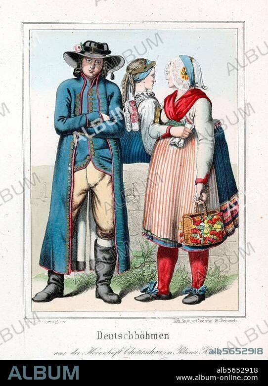Volkskunde:. Trachten / Böhmen. "Deutschböhmen aus der Herrschaft Chotieschau im Pilsener Kreise". Kreidelithographie, koloriert, von Julius Döring (1818-1898). Aus: E. Duller, Das deutsche Volk in seinen Mundarten, Sitten (..) und Trachten, Leipzig (G. Wiegand) 1846/47. Berlin, Sammlung Archiv für Kunst und Geschichte.