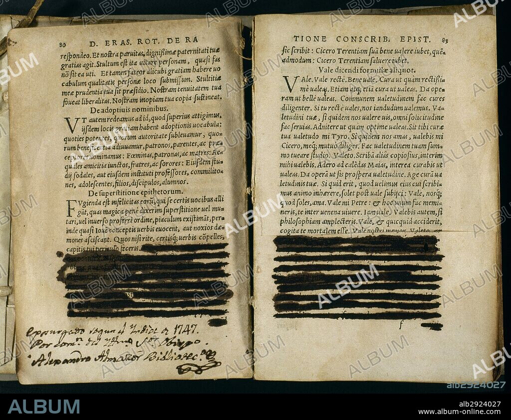 De Ratione Conscribendi Epistolas, by Dutch Christian Humanist Erasmus of Rotterdam (1466-1536). Book printed in Basel in 1422. Censored pages by the Inquisition and inscription of the censor in 1747. Private Collection.