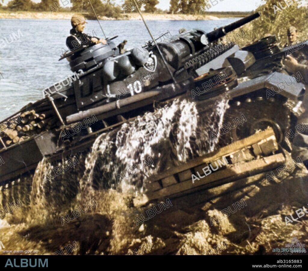 German World War Two Panzer Mark iii tank, crossing a river on the Eastern Front.
