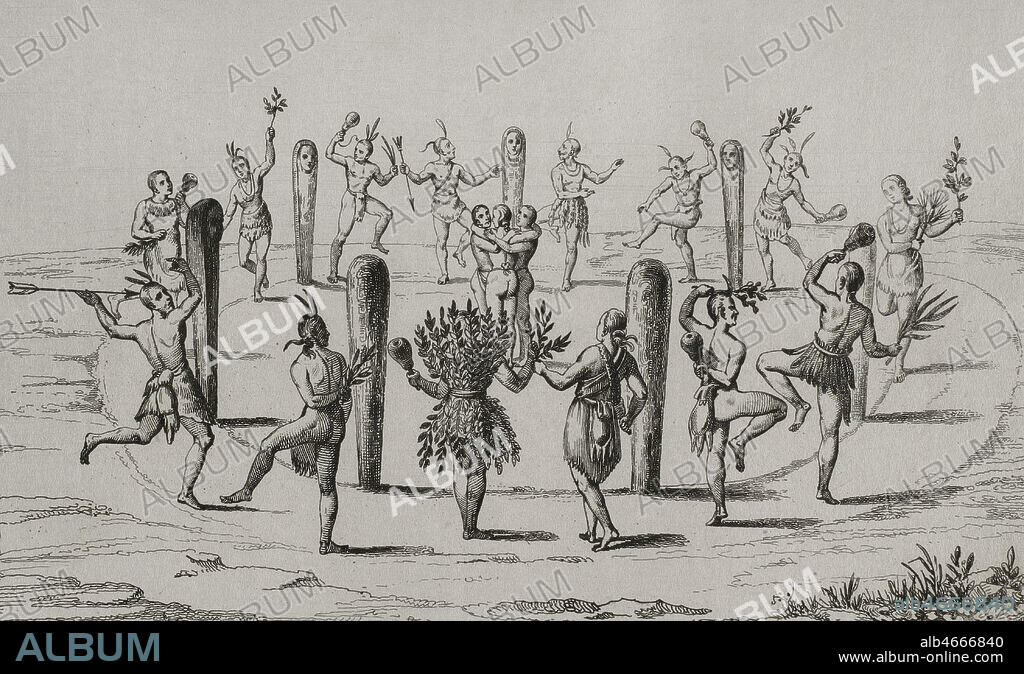 Siglo XVI. Danza nativa americana. Hombres y mujeres danzando alrededor de un círculo. Grabado de Vernier y Montaut, inspirado en el grabado original de Theodor de Bry (1528-1498). Panorama Universal. Historia de los Estados Unidos de América, por Roux de Rochelle. Edición española, impresa en Barcelona,1850.