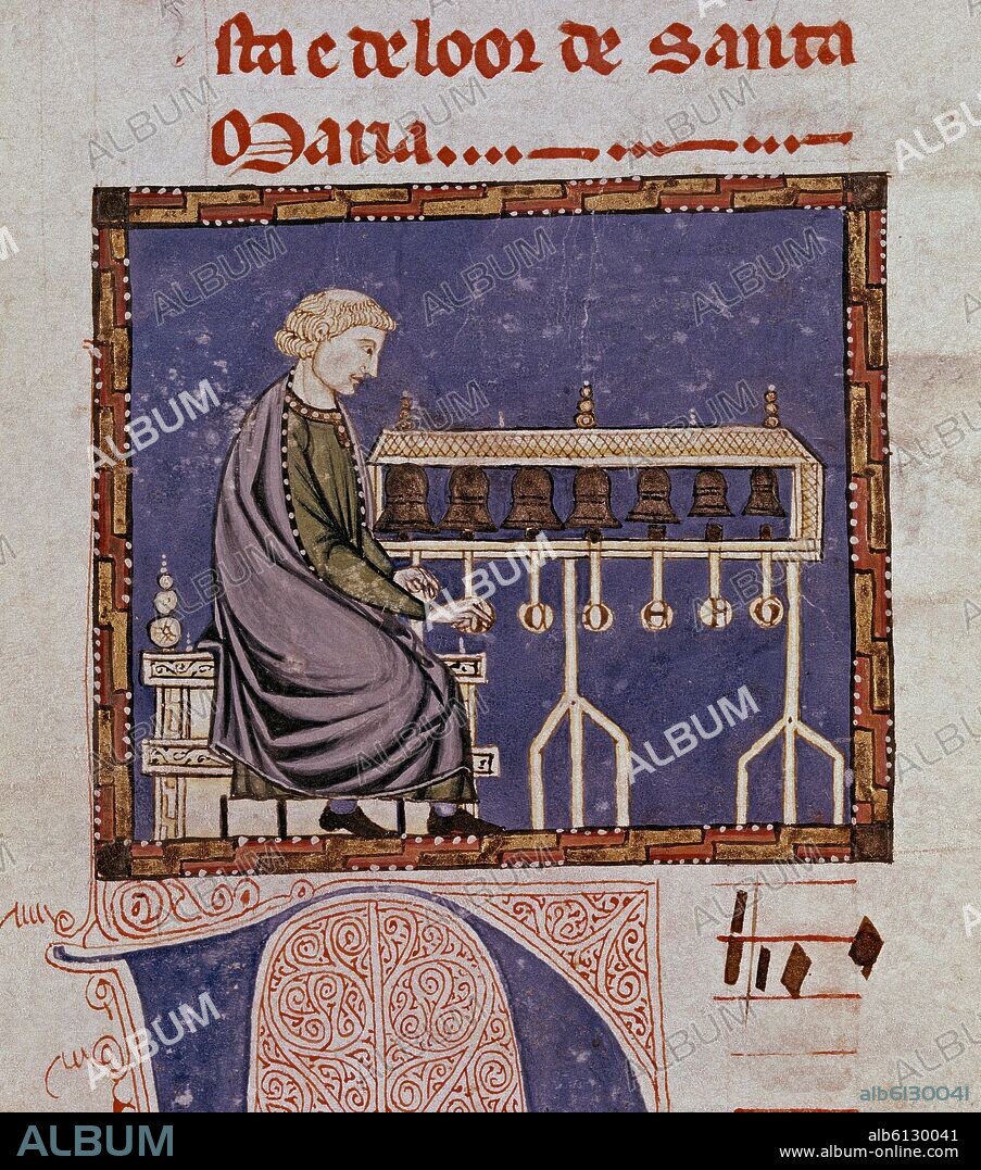 ALFONSO X DE CASTILLA EL SABIO. M.B.I.2- CANTIGA DE SANTA MARIA Nº 400 - F359R-CODICE DE LOS MUSICOS CARILLON-CAMPANAS QUE FORMAN ESCALA DIATONICA.