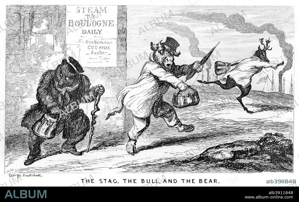'The Stag, the Bull, and the Bear', 19th century. A railway fable.