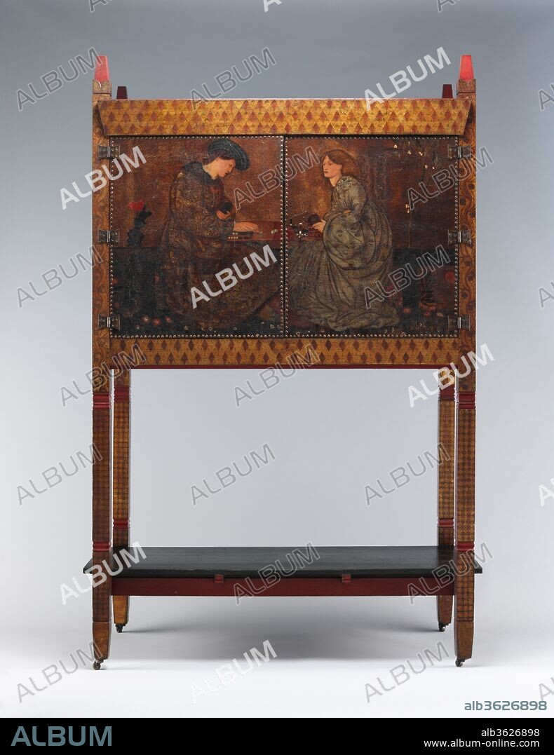 The Backgammon Players. Artist: Painted by Sir Edward Burne-Jones (British, Birmingham 1833-1898 Fulham). Culture: British. Designer: Philip Webb (British, Oxford 1831-1915 West Sussex). Dimensions: Overall: 73 × 45 × 21 in. (185.4 × 114.3 × 53.3 cm). Manufacturer: Morris, Marshall, Faulkner & Co.. Date: 1861.
This early masterpiece of the Arts and Crafts Movement exemplifies the collaborative endeavors of William Morris and his circle to improve design standards.  Morris believed that a return to the principles of medieval production, with fine artists creating functional objects, could help overcome the evils of industrialization.  This cabinet, one of several in which Morris enlisted the participation of Sir Edward Burne-Jones, is an attempt to erase the distinction between the fine and the applied arts. The painting on leather with a punched background is itself a craftsman's medium.  
Although the cabinet is usually described as in the "medieval style," it is actually a vivid example of the ability of the Morris firm to convert the eclecticism that marked much of the art of the late nineteenth century into an original and modern style.  Although Burne-Jones's painted figures are in medieval costume much of the decoration is equally Oriental in inspiration.  Philip Webb's straightforward design, however, which boldly displays the casework skeleton on the exterior, anticipated the emphasis on structural elements that would inform the design revolution of the next century.