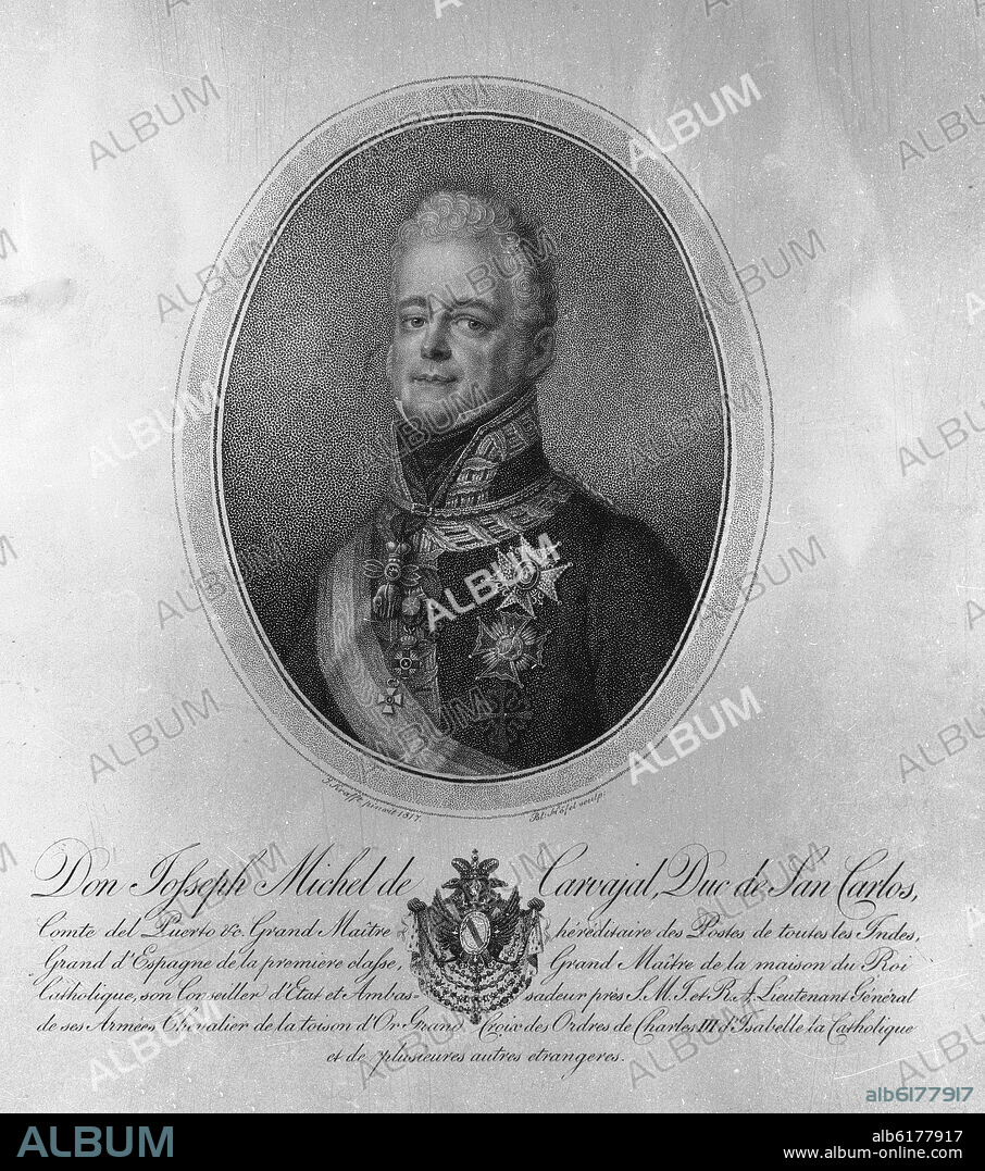RETRATO DE DON JOSE MIGUEL DE CARVAJAL DUQUE DE SAN CARLOS - LITOGRAFIA S XIX.