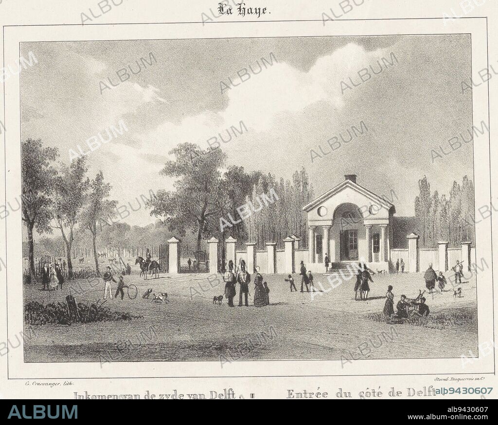 There is a gate on either side of the tollhouse. To the left is a passage leading to a meadow with cows. In front of the tollhouse there are figures standing and walking, Tollhouse on the Rijswijkseplein in The Hague Entrance from the side of Delft Views of Dutch Towns , print maker: Gijsbertus Craeyvanger, (mentioned on object), printer: Desguerrois & Co., (mentioned on object), print maker: Netherlands, printer: Amsterdam, 1820 - 1895, paper, h 272 mm - w 350 mm.