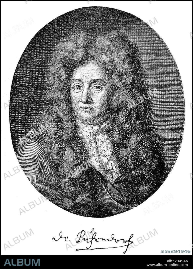 Samuel Pufendorf, from 1694 Freiherr von Pufendorf, 8 January 1632 - October 26, 1694, was a German natural law philosopher, historian and natural and international law teacher at the beginning of the Age of Enlightenment  /  Samuel Pufendorf, ab 1694 Freiherr von Pufendorf, 8. Januar 1632 - 26. Oktober 1694, war ein deutscher Naturrechtsphilosoph, Historiker sowie Natur- und Völkerrechtslehrer am Beginn des Zeitalters der Aufklärung, Historisch, historical, digital improved reproduction of an original from the 19th century / digitale Reproduktion einer Originalvorlage aus dem 19. Jahrhundert,.