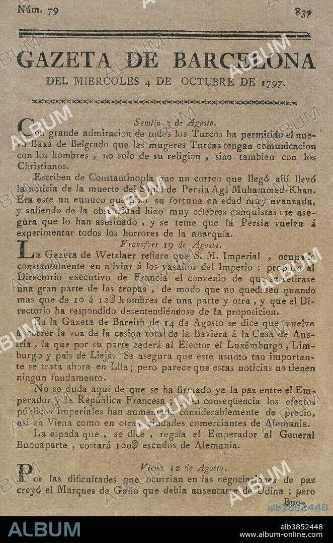 Gazeta de Barcelona, 4 de octubre de 1797. Núm. 79. Portada. Biblioteca Histórico Militar de Barcelona. Cataluña. España.