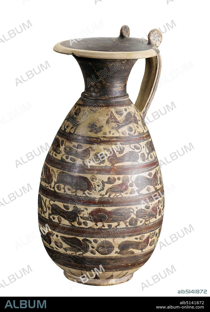 Maler von München, Olpe (animal frieze), clay, quickly turned, painted (ceramic), alternately fired, clay, Total: Height: 42 cm; Diameter: 20 cm; Muzzle diameter: 17 cm; Base diameter: 11 cm, ceramic, animals, animals as ornament, antiquity, The Olpe, composed of larger pieces, picks up a form common in Corinthian vase art The more fleeting painting as well as the clay reveal that this jug is an Etruscan work that was intended to imitate Corinthian pieces. The body of the jug is sack-shaped; a narrow beaded ring at the neck. The handle is made of three rods and ends with two vertical rotellas with star ornamentation at the mouth. Five animal friezes, which are separated by varnish bands with red, white and ochre-colored lines, decorate the vessel body over a low ray wreath. Depicted are lions, panthers, boars, deer, owls, cocks and waterfowl, most of which are directed to the right. So-called blot rosettes are inserted between the animals as filler ornaments. At the time of the production of this vase, an increased demand in the production of vessels led to a strong standardization of the decoration. The painter of Munich 640 belongs to the so-called Olpen cycle and thus to one of the two large workshops that competed with each other in Vulci in the period from 580 to 560 BC. It takes its name from the shape of the vessel that it predominantly painted.